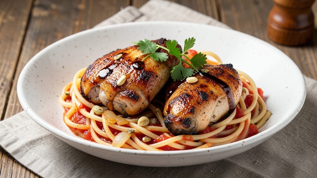Old Fashioned Chicken Spaghetti Recipe: Spiced Tomato-Brandy Sauce Over Tender Chicken