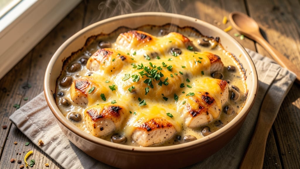 Campbell's Cream of Mushroom Chicken Casserole Recipe: Cheesy Crispy Top, Velvety Mushroom Layers