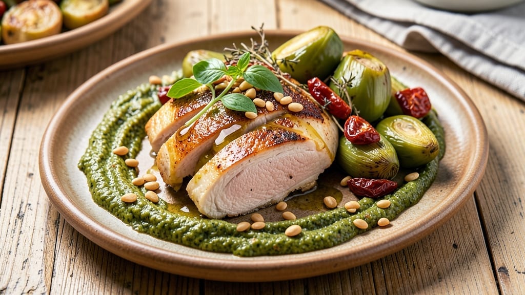 Chicken and Artichoke Hearts Recipe: Sun-Dried Tomato Pesto Crust With Melty Cheese