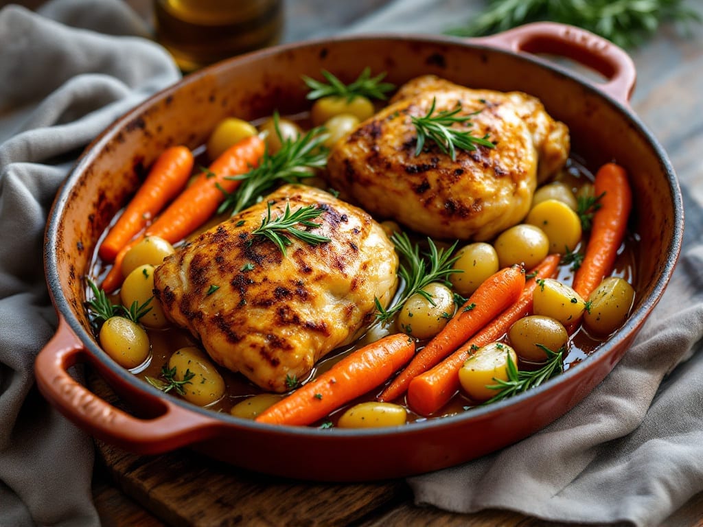 Baked Chicken Thighs With Potatoes and Carrots Recipe: One-Pan Roast With Caramelized Roots Baked Chicken Thighs With Potatoes and Carrots Recipe: One-Pan Roast With Caramelized Roots