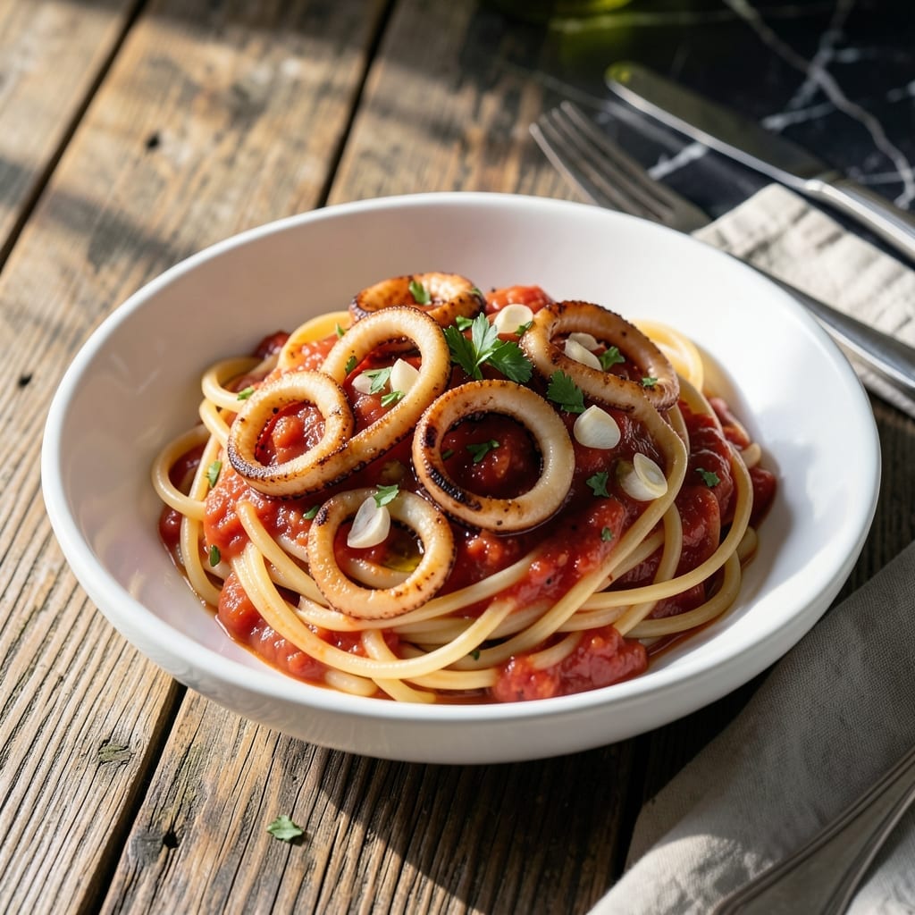 Calamari in Sauce With Pasta Recipe: Mediterranean Seafood Twist Calamari in Sauce With Pasta Recipe: Mediterranean Seafood Twist