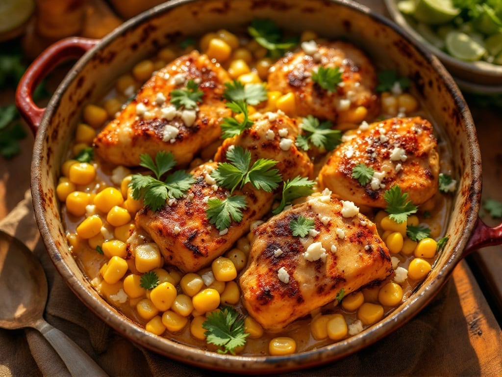 Mexican Street Corn Chicken Bake Recipe: Crispy Chiles and Cheese Over Juicy Bites