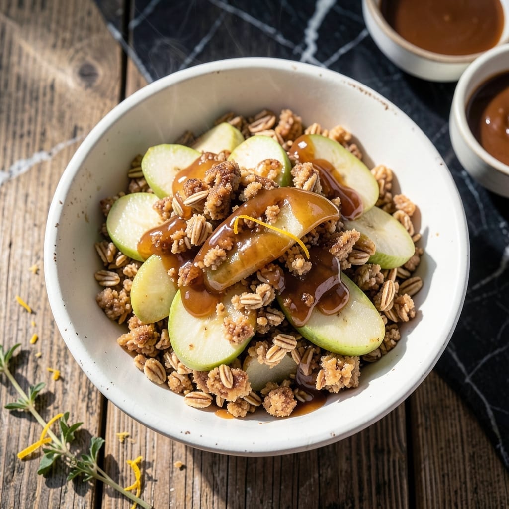 Apple Crisp With Caramel Sauce Recipe: Warm Spiced Filling Under Buttery Oat Topping Apple Crisp With Caramel Sauce Recipe: Warm Spiced Filling Under Buttery Oat Topping