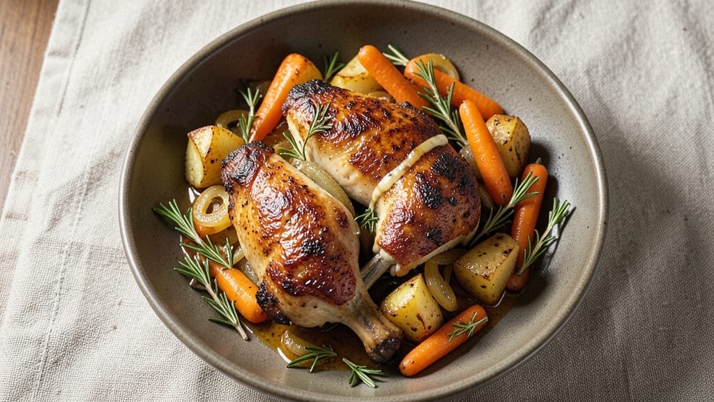 Chicken Thighs with Potatoes, Carrots, and Onions Recipe: One-Pan Herb-Roasted Harmony with Caramelized Roots