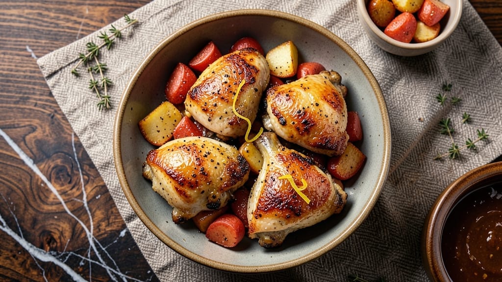 Air Fryer Chicken Thighs and Potatoes Recipe: Crispy-Skinned Spuds and Juicy Chicken in 25 Minutes
