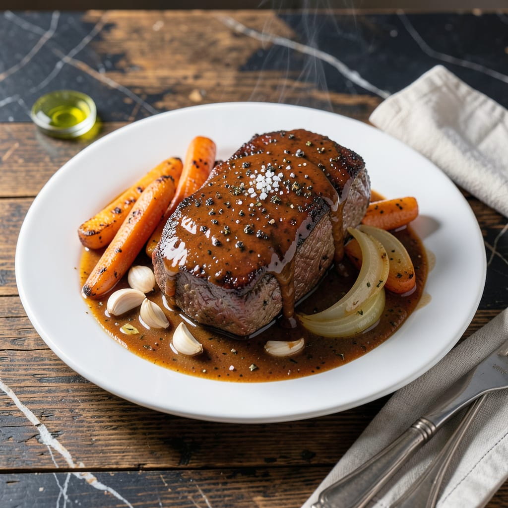 A1 Steak Sauce Roast Recipe: Slow Cooked Sunday Dinner Masterpiece illustration with key details