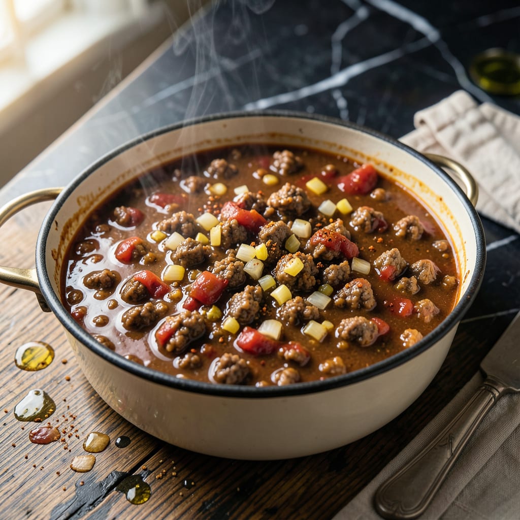 Angelo's Coney Sauce Recipe: Detroit Style Chili Topping for Hot Dogs illustration with key details