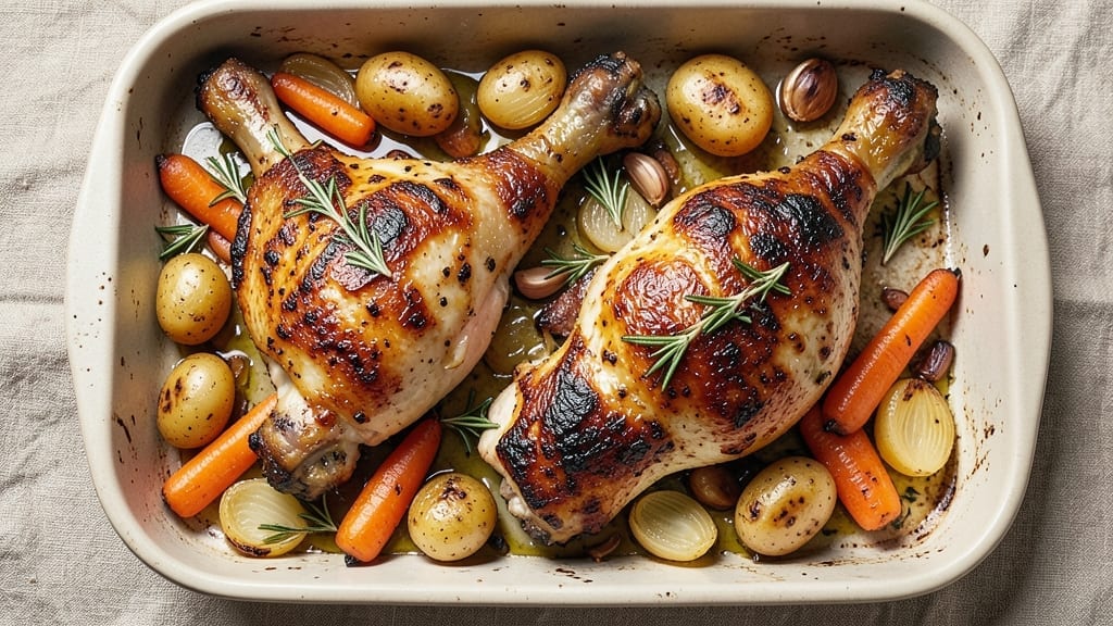 Baked Chicken Legs With Vegetables Recipe: One-Pan Roast With Caramelized Roots and Herbs