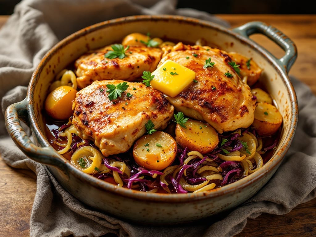 Chicken Sauerkraut and Potatoes Recipe: Sour-Tangy Crispy One-Pan Dinner