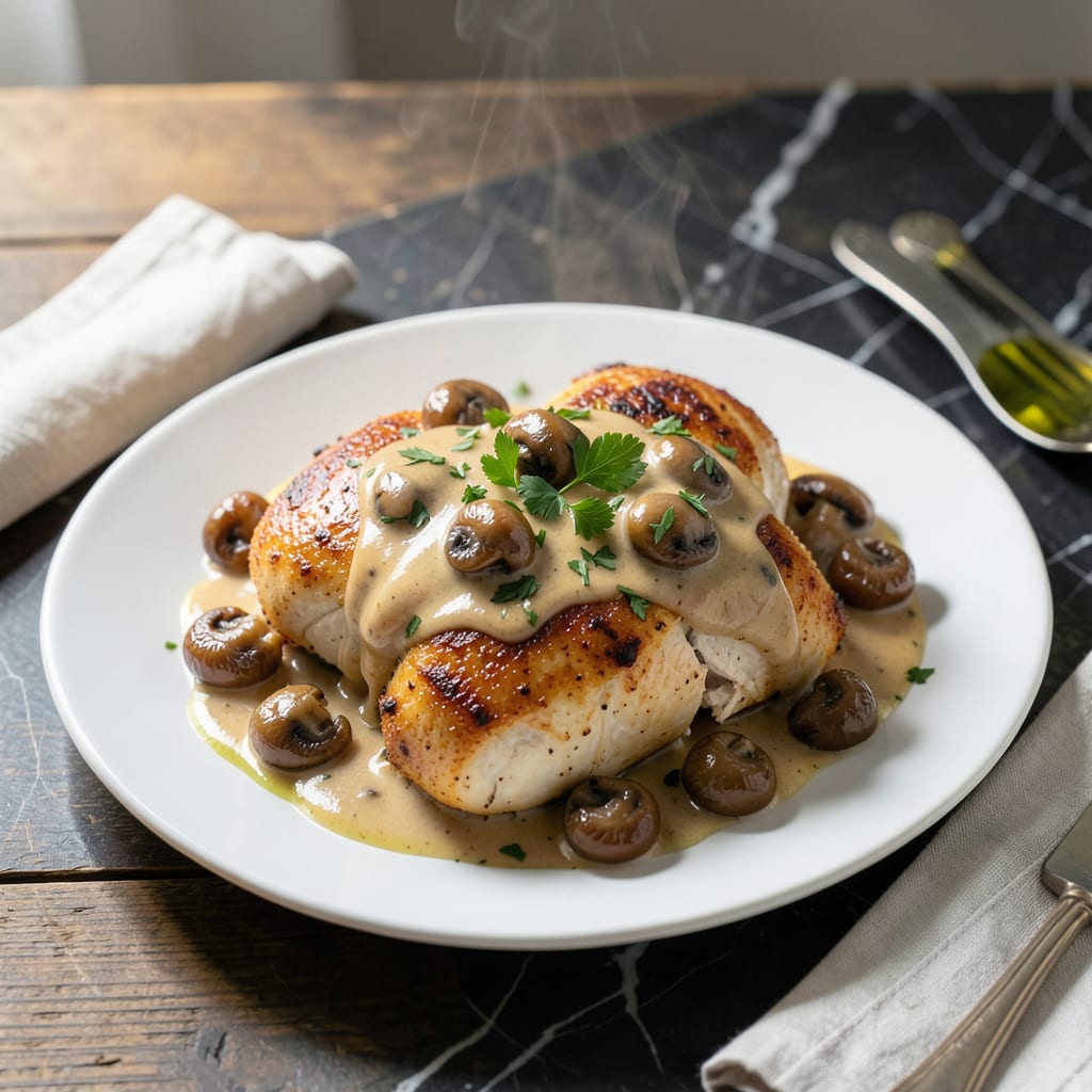 Baked Chicken and Mushroom Sauce Recipe: Silky Richness Over Tender Chicken illustration with key details
