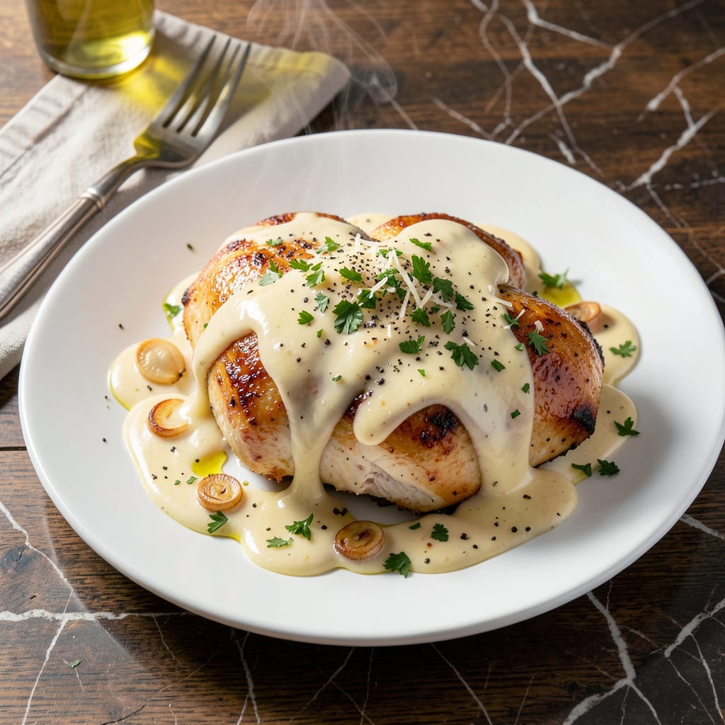 Baked Chicken With Alfredo Sauce Recipe: Tender Chicken in Creamy Parmesan Sauce illustration with key details