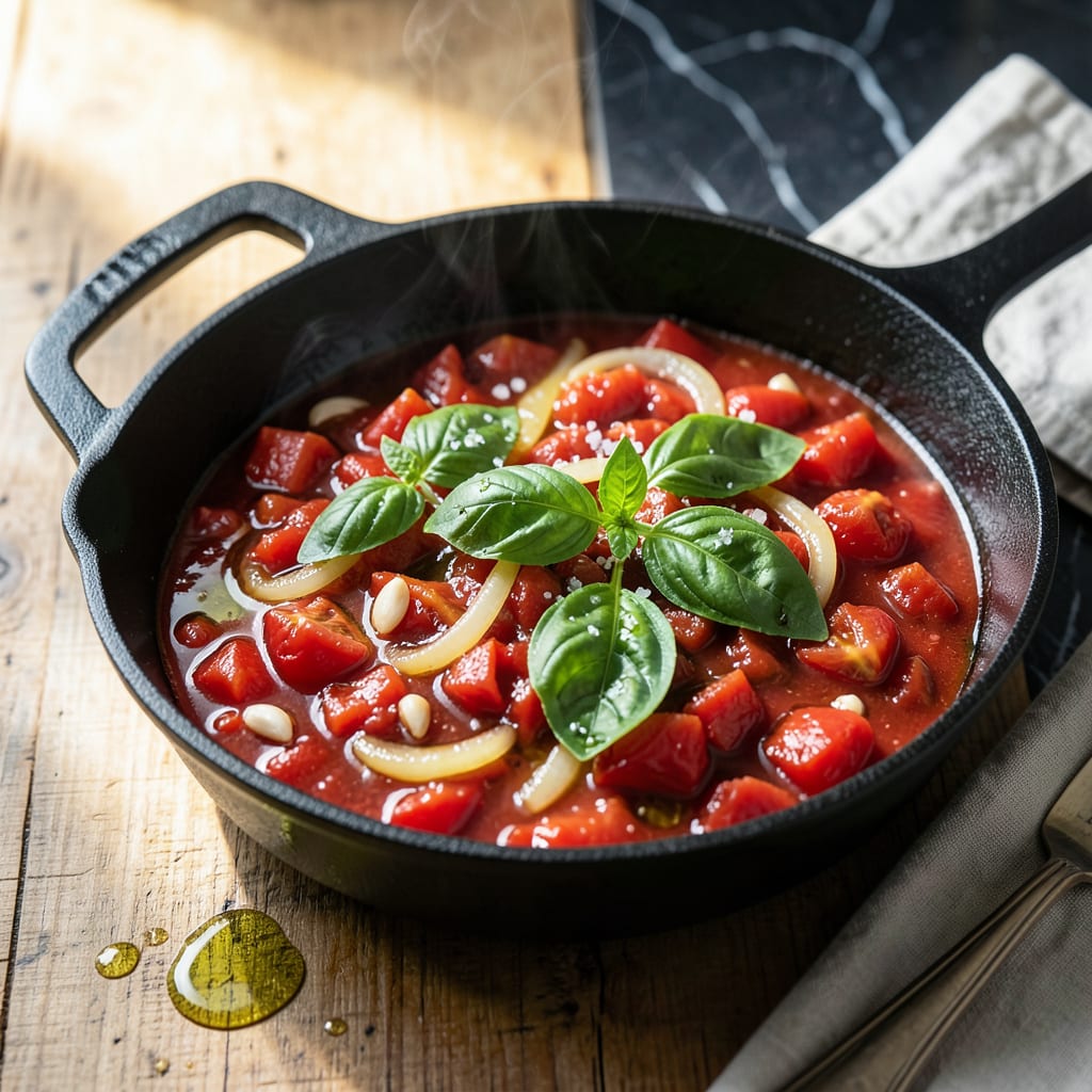 Basil Pomodoro Sauce Recipe: Bright Herbal Elegance Over Pasta example with annotations