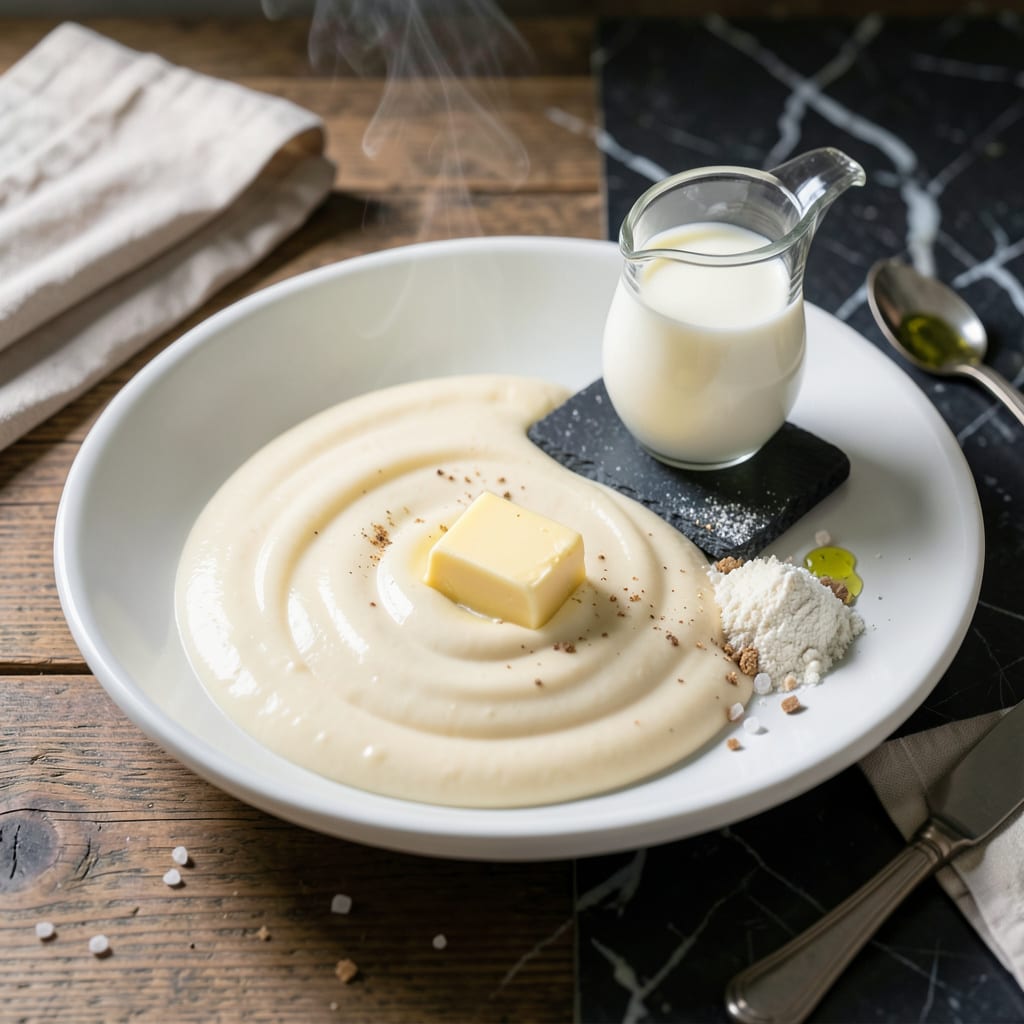 Bechamel Sauce Recipe Ingredients: Classic French White Sauce Foundation illustration with key details