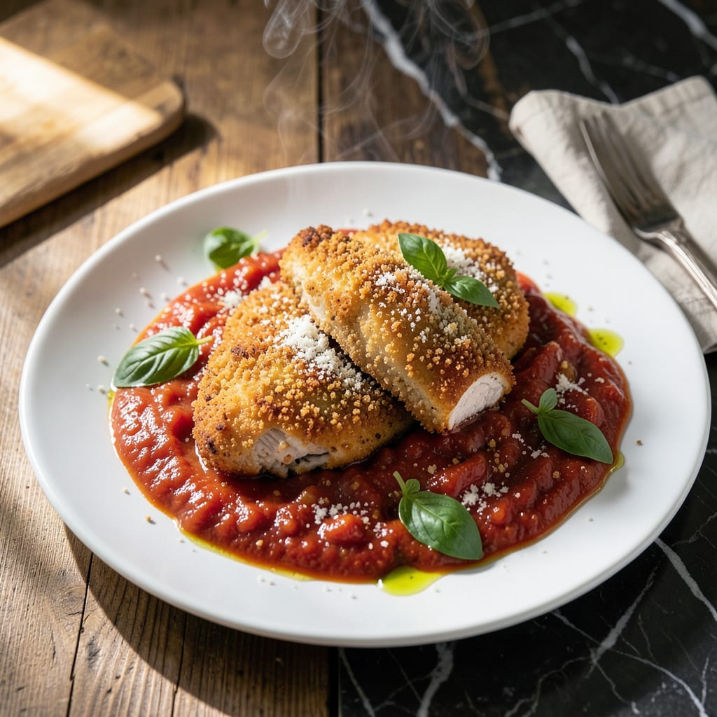 Breaded Chicken With Pasta Sauce Recipe: Crispy Cutlets in Rich Tomato Gravy illustration with key details