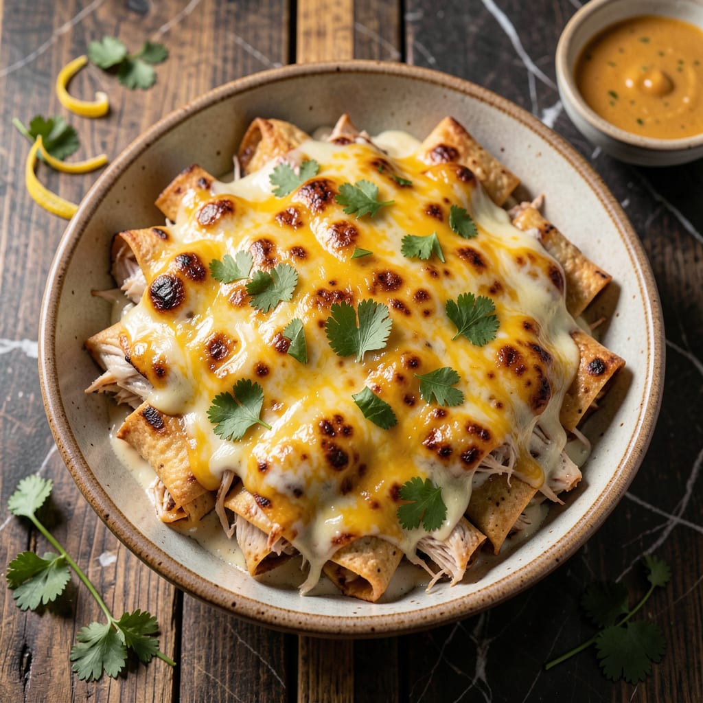 Cheesy Chicken Enchiladas With Creamy Sauce Recipe: Baked Layers of Tex Mex Heaven illustration with key details