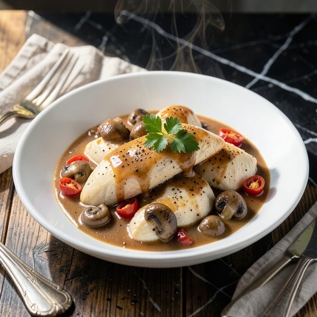 Visual representation of Chicken Ala King Sauce Recipe: Classic Creamy Mushroom and Pimento Blend