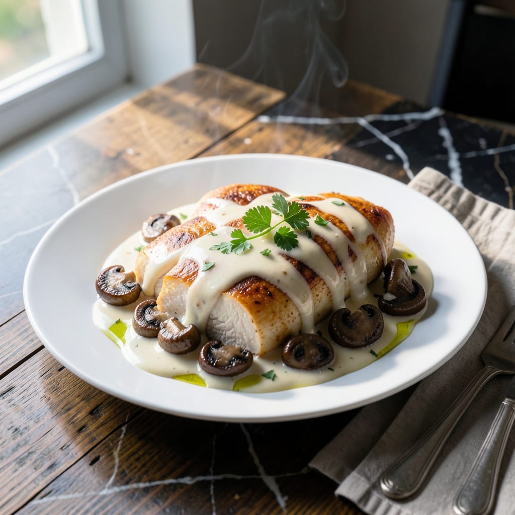 Visual representation of Chicken and Mushroom in White Sauce Recipe: Velvety Creaminess With Earthy Depth
