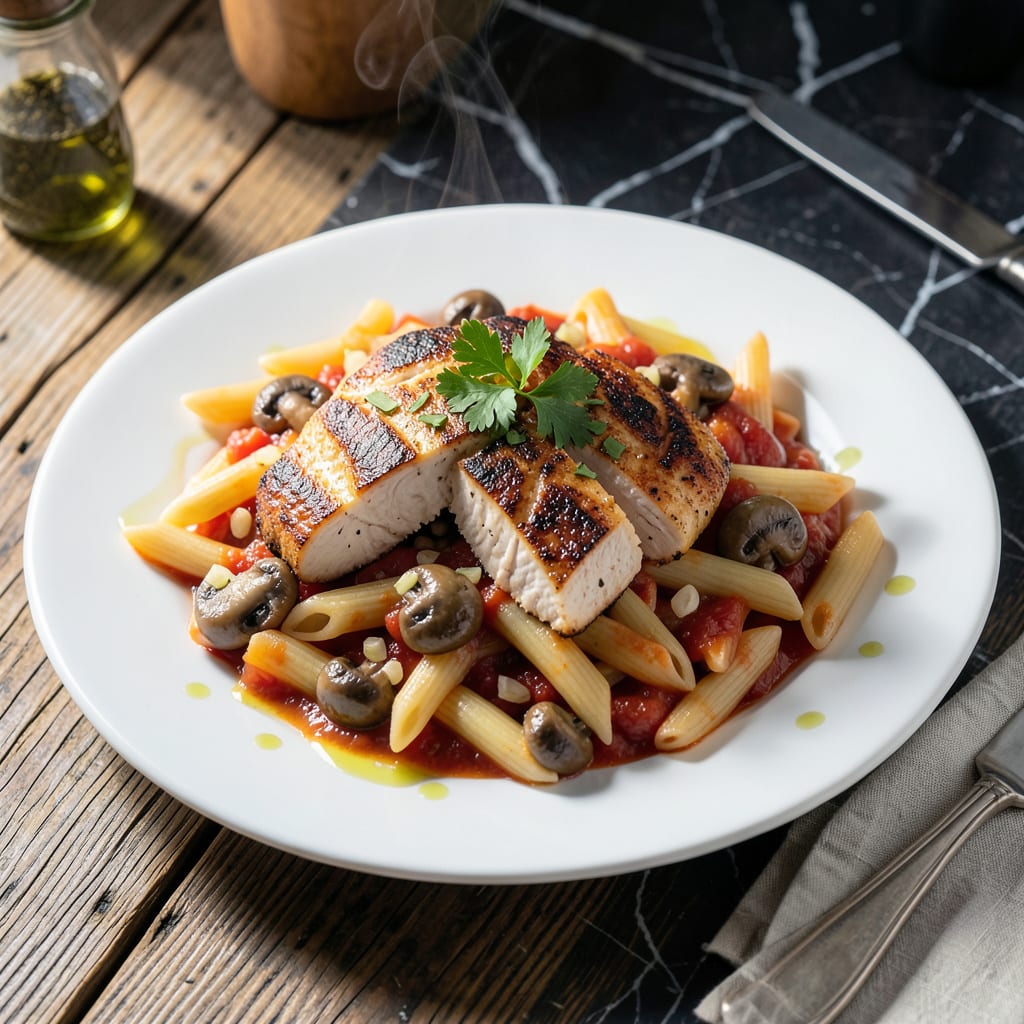 Chicken and Mushroom Pasta With Tomato Sauce Recipe: Rustic One Pot Indulgence example with annotations