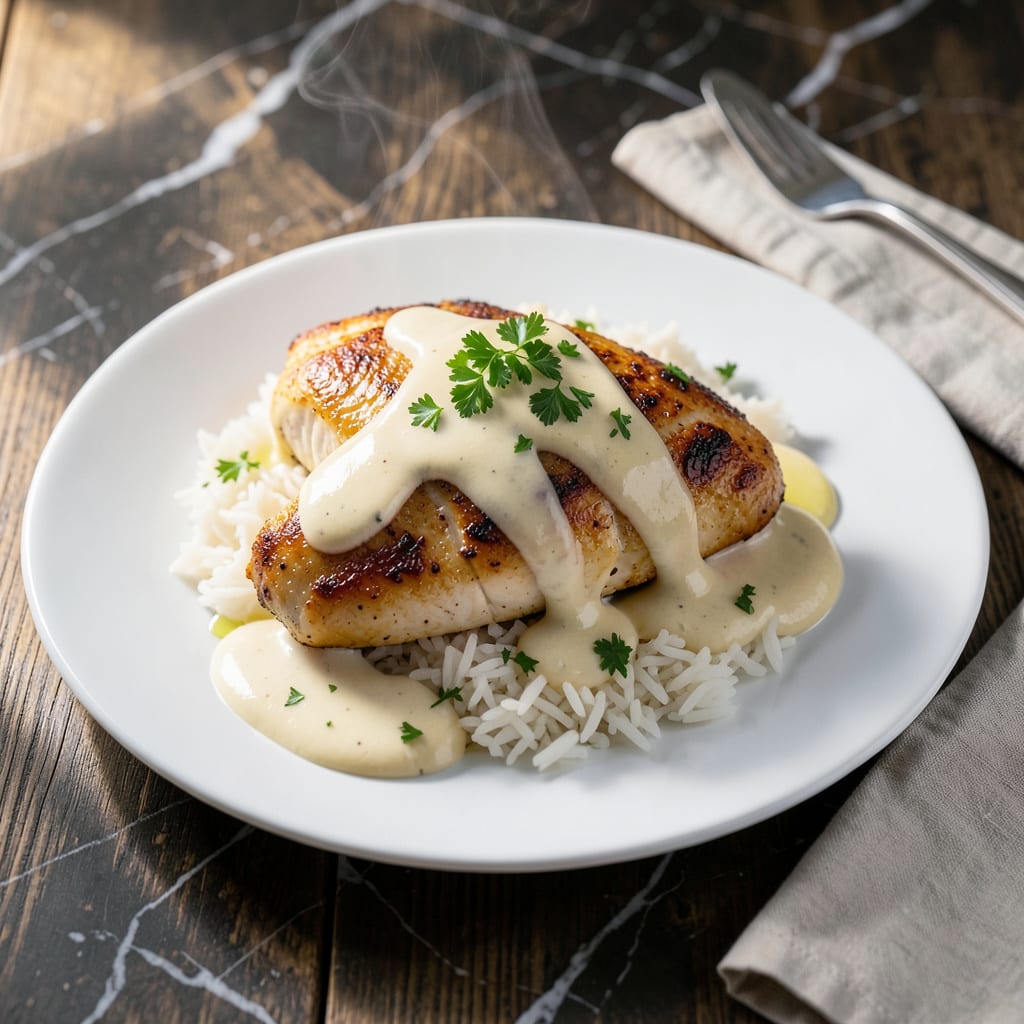 Chicken and Rice White Sauce Recipe: Velvety Cream and Fluffy Grains example with annotations