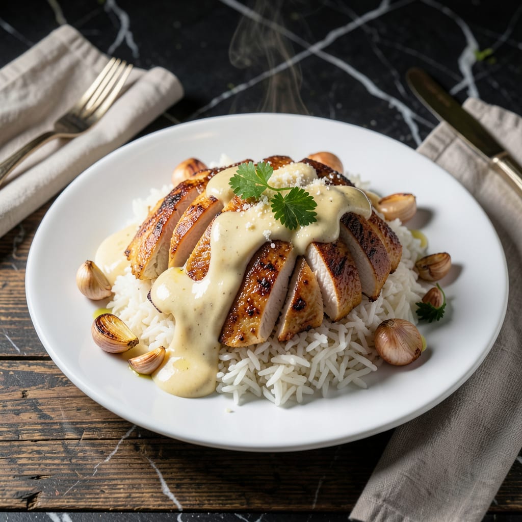 Chicken and Rice With Alfredo Sauce Recipe: Garlicky Parmesan Coated Bites illustration with key details