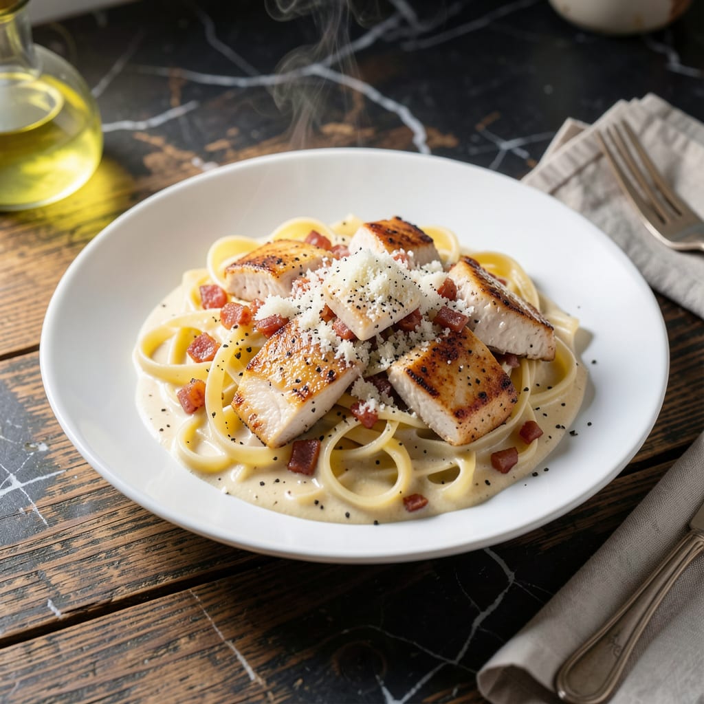 Visual representation of Chicken Carbonara Sauce Recipe With Cream: Silky Ribbon Coating Indulgence