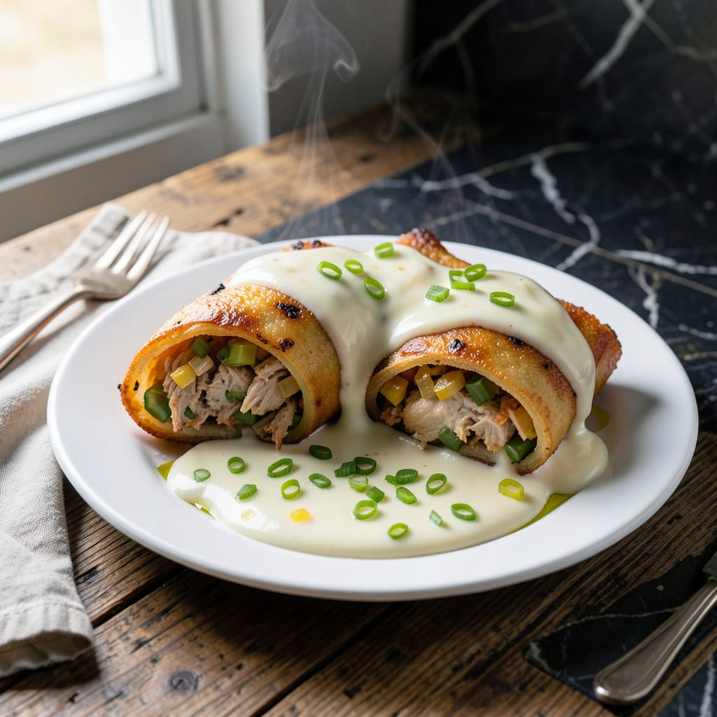 Chicken Chimichanga With White Cheese Sauce Recipe: Crispy Burritos Drowned in Creamy Bliss illustration with key details