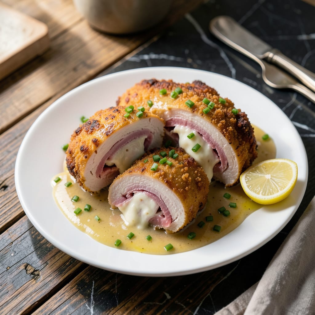 Visual representation of Chicken Cordon Bleu Dijon Sauce Recipe: Crispy Ham Swiss Perfection