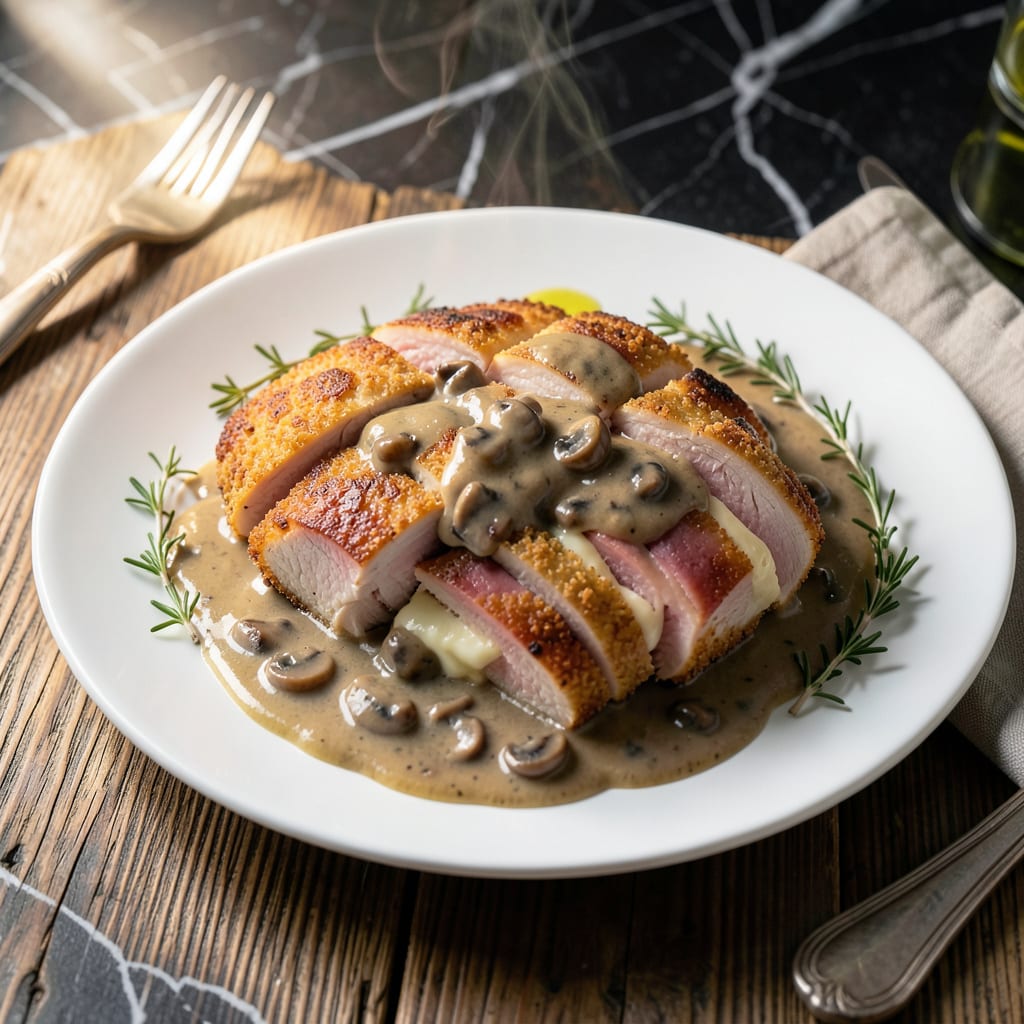 Chicken Cordon Bleu Mushroom Sauce Recipe: Creamy Swiss and Ham Indulgence illustration with key details
