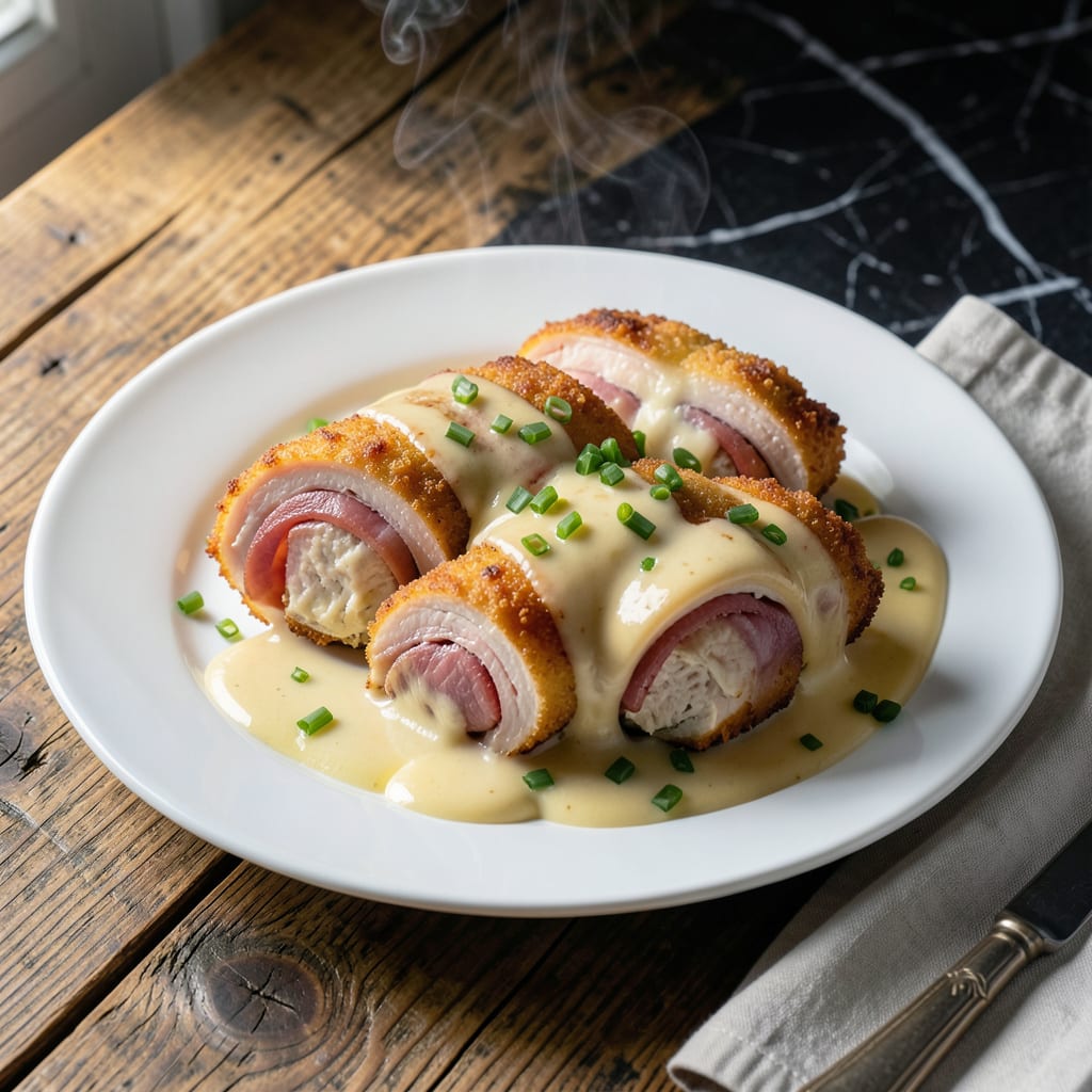 Chicken Cordon Bleu With Bechamel Sauce Recipe: Crispy Ham and Cheese Roll Ups example with annotations