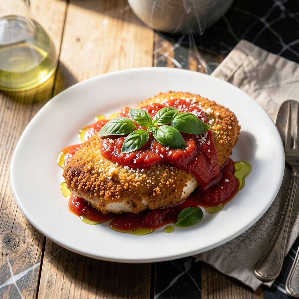 Visual representation of Chicken Cutlet With Tomato Sauce Recipe: Crispy Breaded Cutlets With Rich Sauce