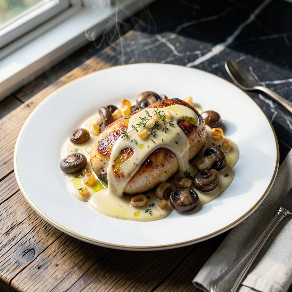 Visual representation of Chicken French Sauce Recipe: Velvety Mushroom and Wine Reduction