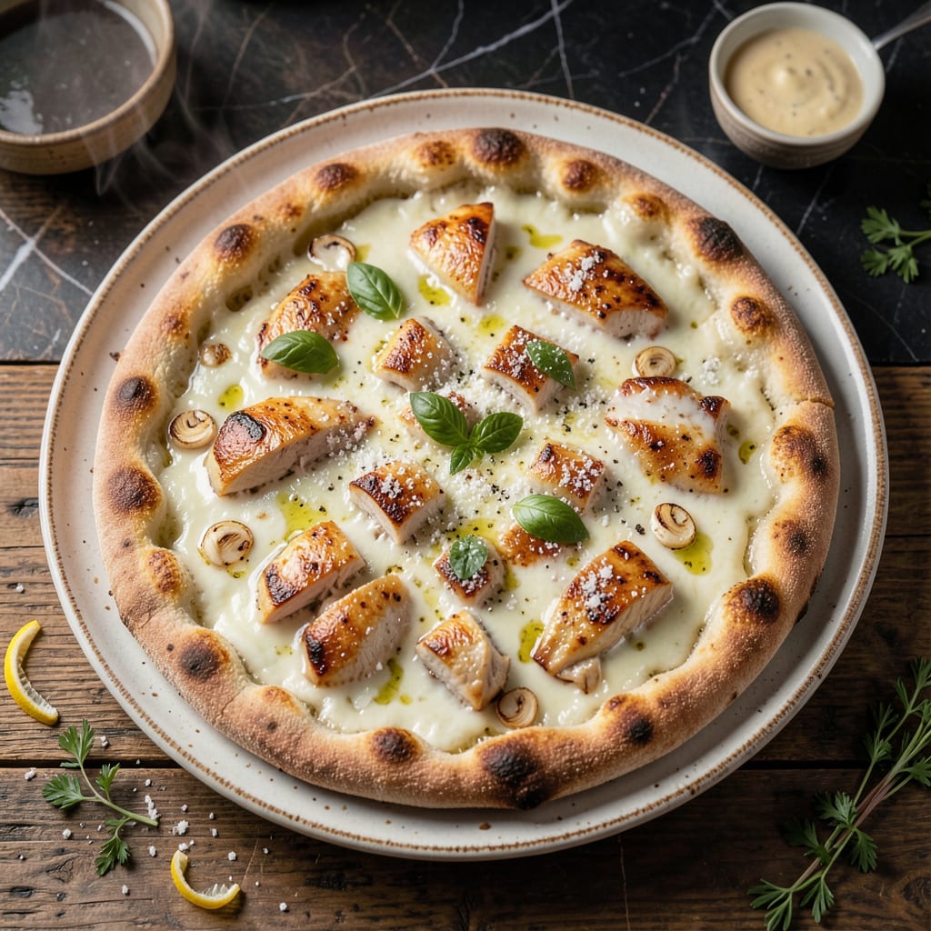 Chicken Garlic Pizza White Sauce Recipe: Creamy Garlic Parmesan Base illustration with key details