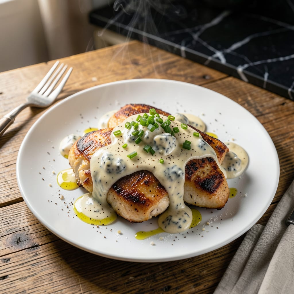 Visual representation of chicken in blue cheese sauce recipe