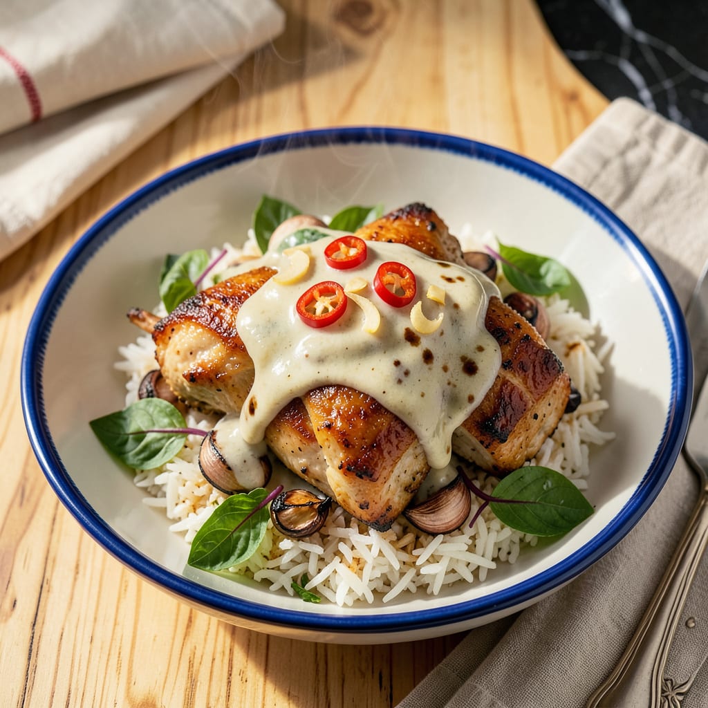 chicken in coconut sauce recipe illustration with key details