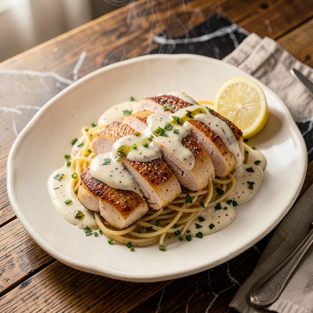 chicken in white sauce recipe illustration with key details