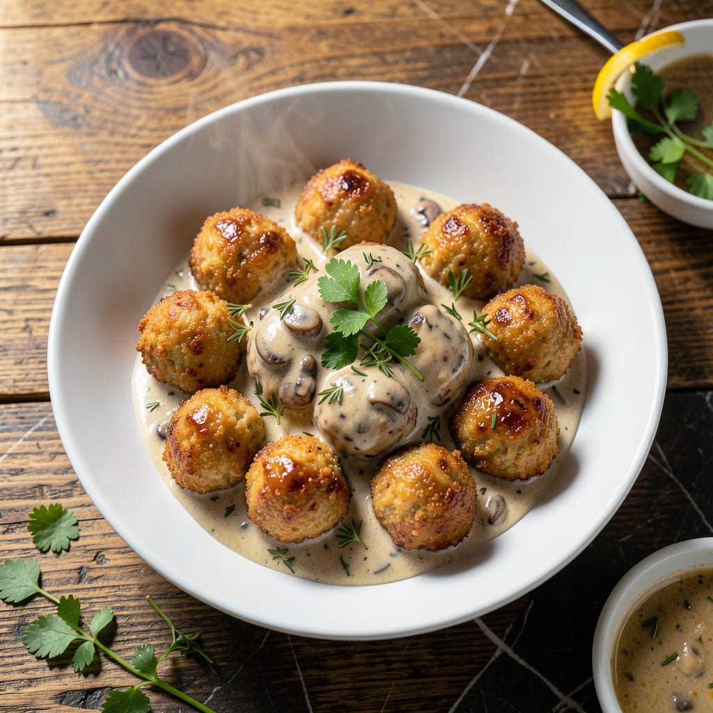 Chicken Meatballs Creamy Mushroom Sauce Recipe: Velvety Bites With Earthy Depth illustration with key details