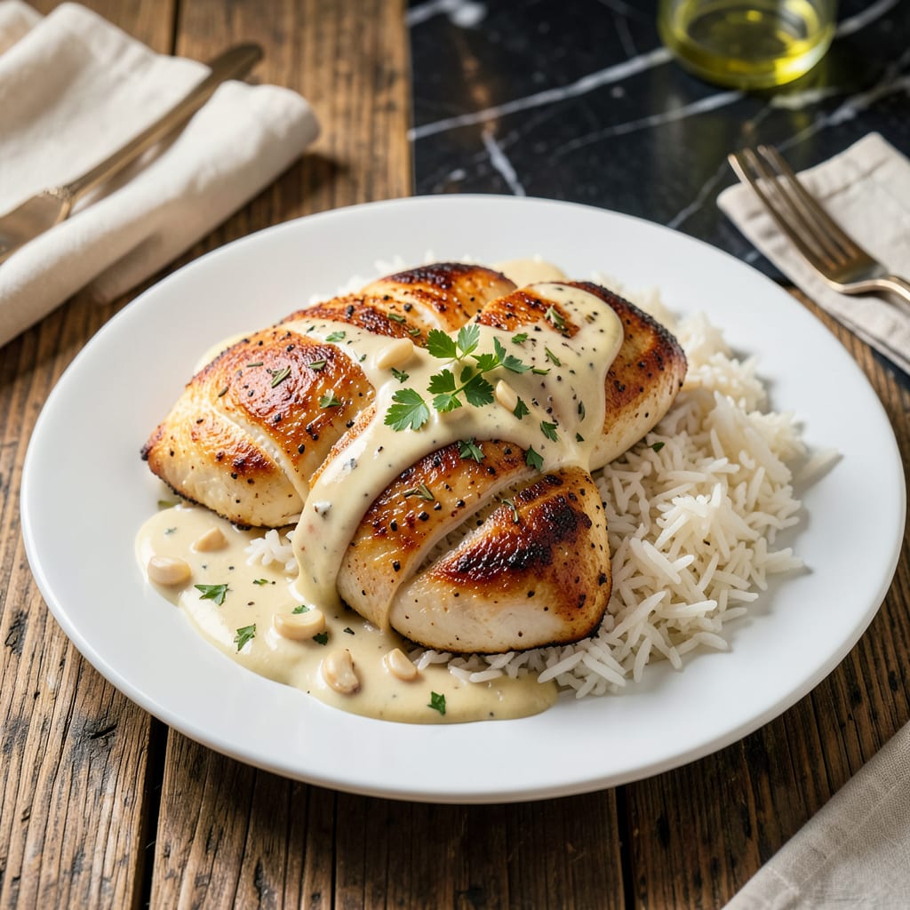 Visual representation of Chicken Over Rice White Sauce Recipe: Silky Garlic Infused Drizzle