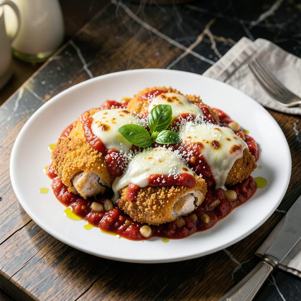 Chicken Parmesan Red Sauce Recipe: Crispy Breaded Cutlets With Homemade Marinara illustration with key details