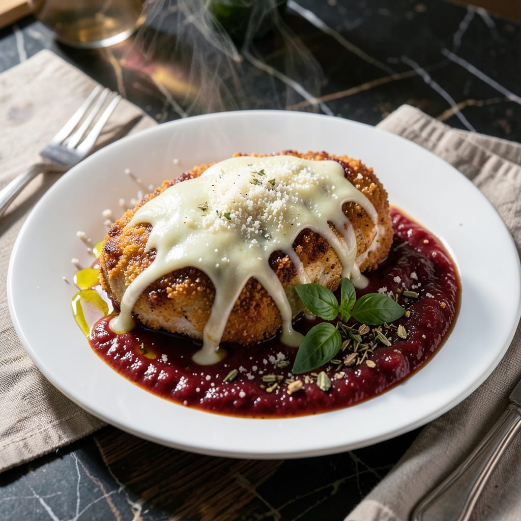 Chicken Parmesan With Vodka Sauce Recipe: Crispy Cutlets in Creamy Tomato Bliss illustration with key details