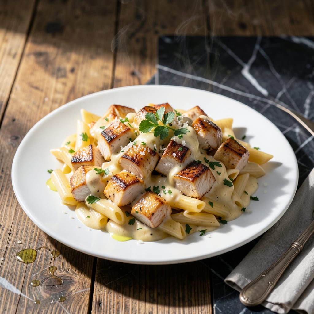 Chicken Penne Pasta With Alfredo Sauce Recipe: Garlicky Parmesan Coated Noodles detailed visual guide