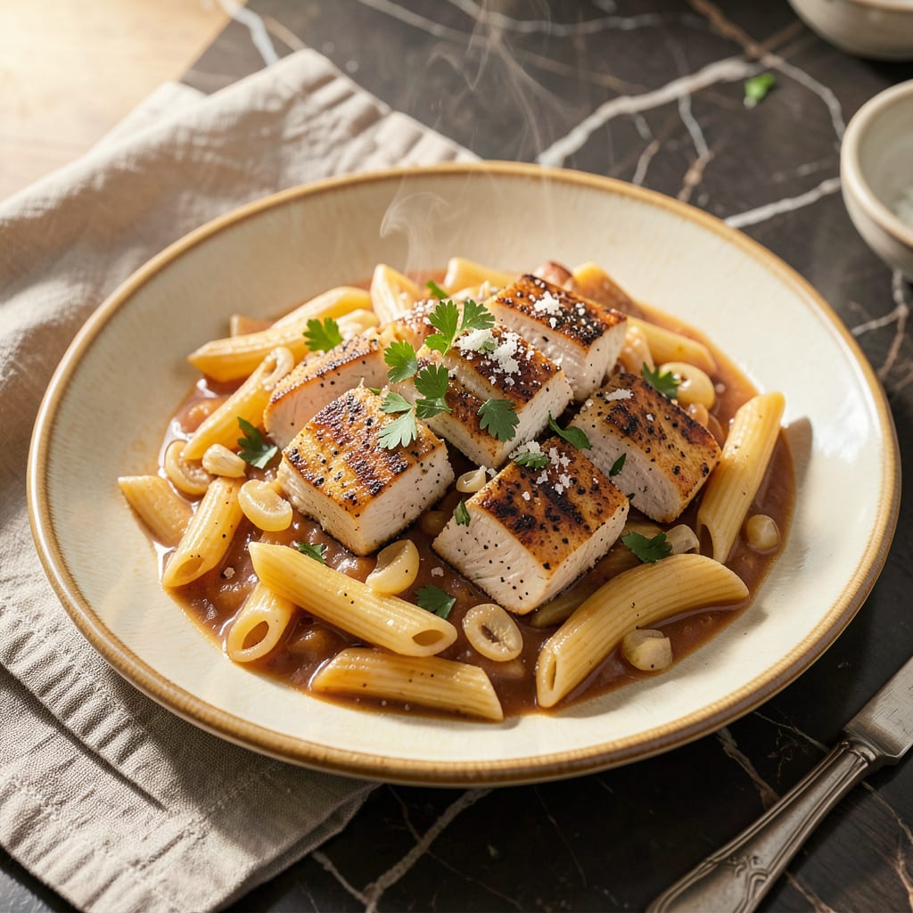 chicken penne recipe vodka sauce illustration with key details