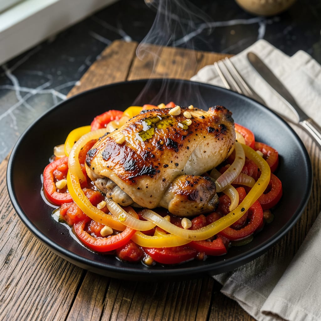 Chicken Peppers Onions Tomato Sauce Recipe: Rustic One Pot Simmer illustration with key details