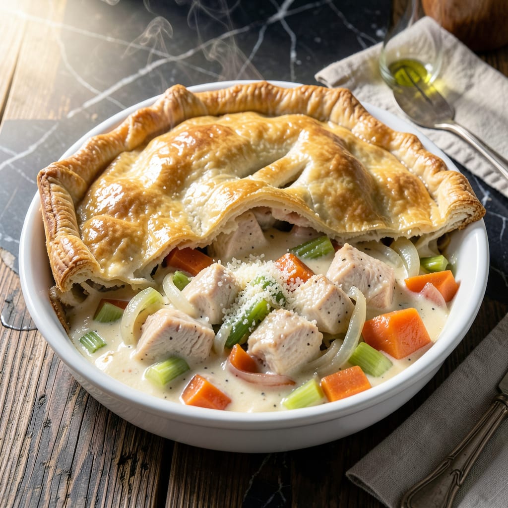 Chicken Pot Pie With Alfredo Sauce Recipe: Flaky Crust With Creamy Filling illustration with key details