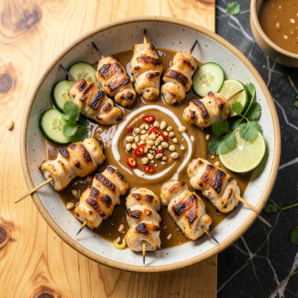 Visual representation of Chicken Satay With Peanut Sauce Recipe: Grill Marked Skewers and Creamy Dip