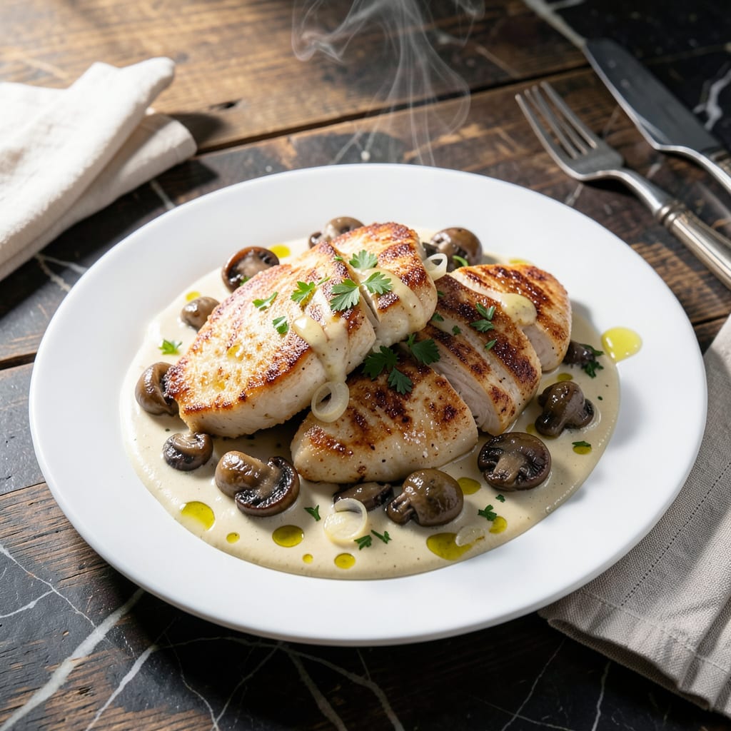 Visual representation of Chicken Scallopini with Mushroom Cream Sauce Recipe: Pan Seared Elegance with Earthy Richness