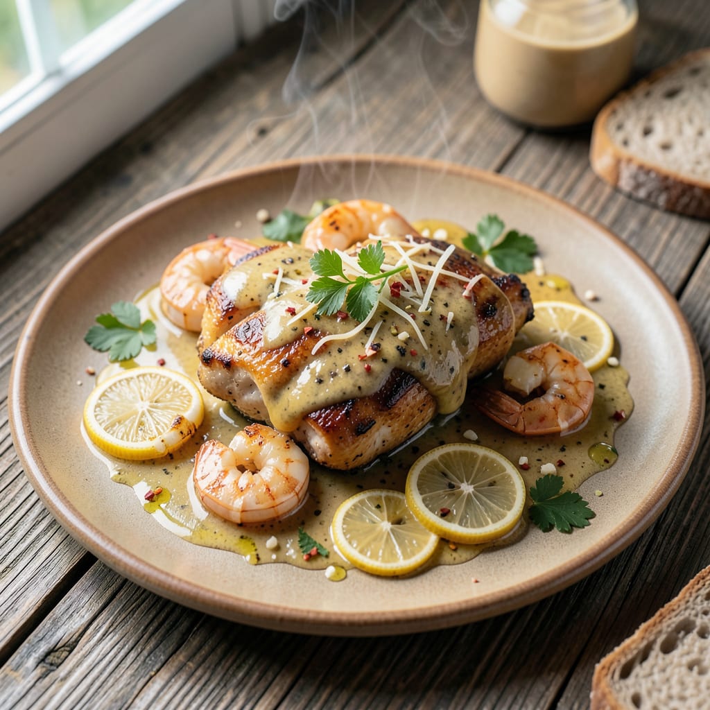 Chicken Scampi Sauce Recipe: Garlicky Lemon Butter Emulsion illustration with key details