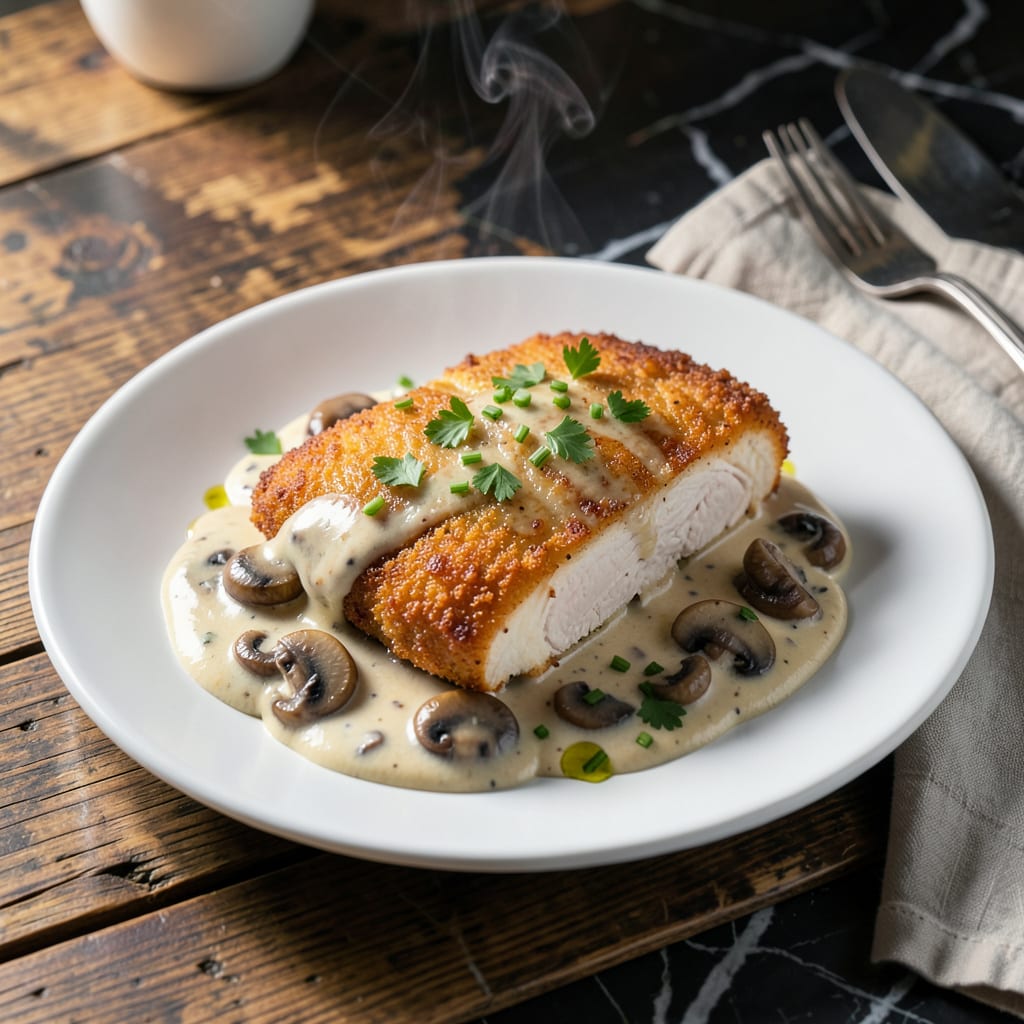 Visual representation of Chicken Schnitzel With Mushroom Cream Sauce Recipe: Crispy Cutlets in Velvety Sauce
