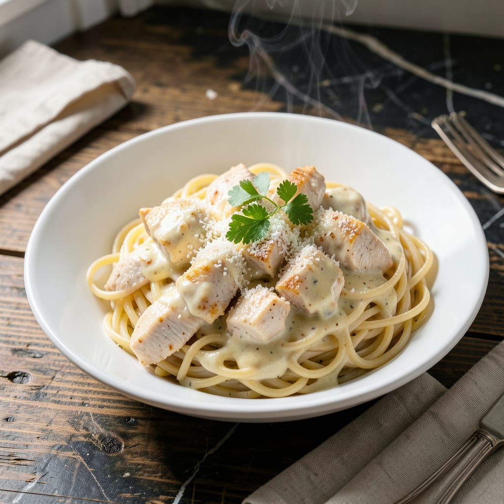 Chicken Spaghetti Sauce Alfredo Sauce Crockpot Recipe: Hands Off Creamy Indulgence illustration with key details
