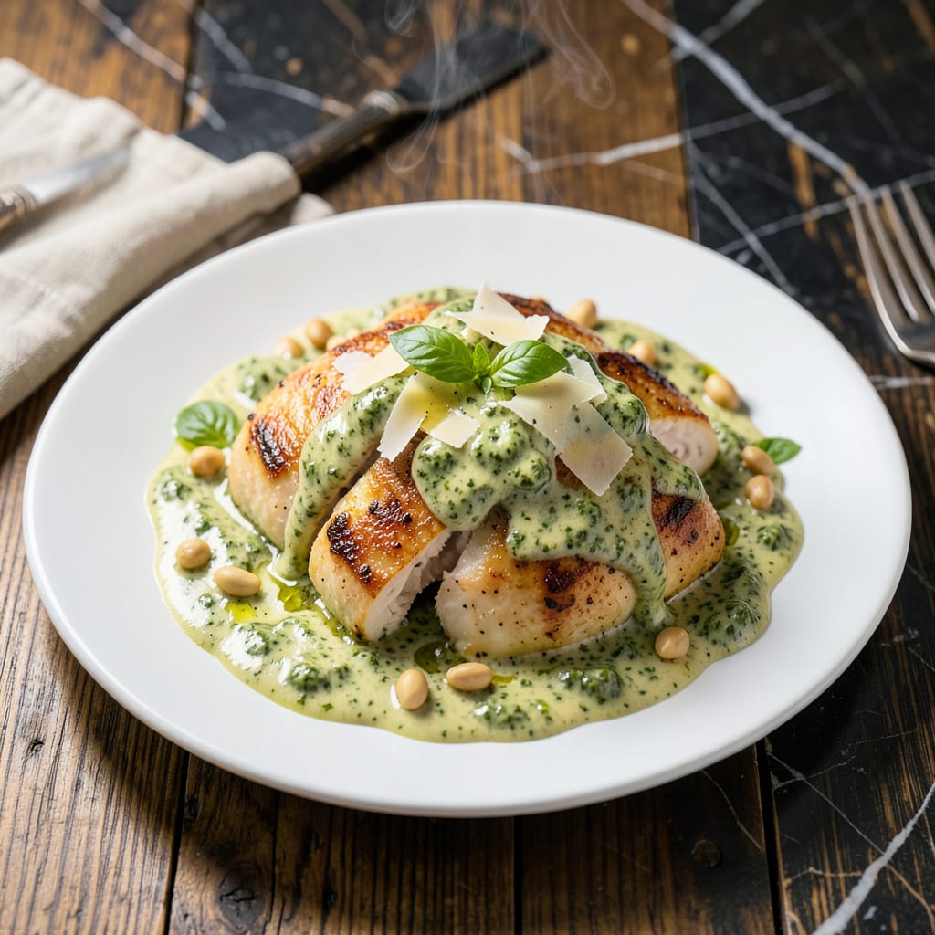 Complete Chicken With Creamy Pesto Sauce Recipe: Basil Rich Indulgence in 30 Minutes overview image