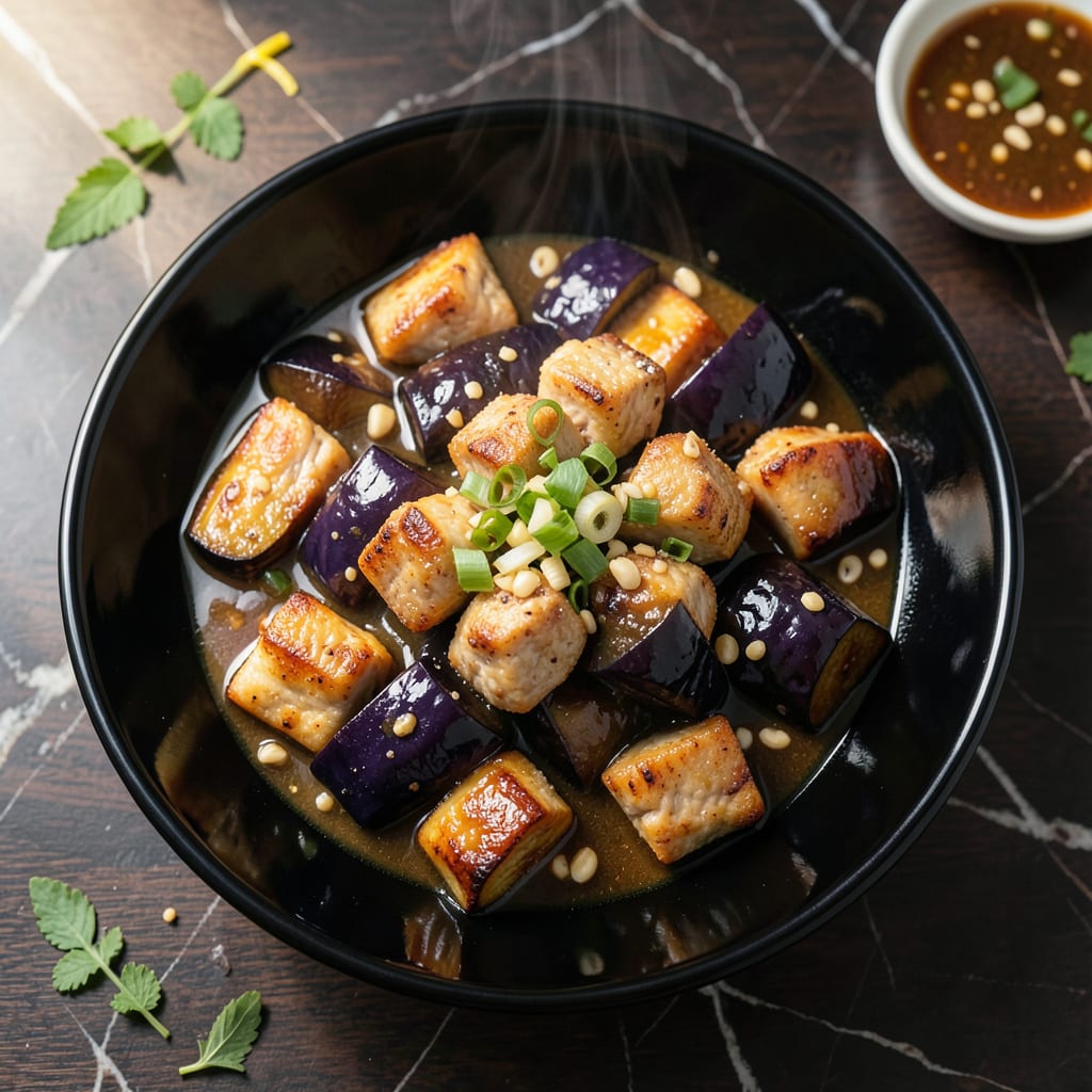 Chinese Chicken and Eggplant in Garlic Sauce Recipe: Wok Tossed Tender Bites example with annotations